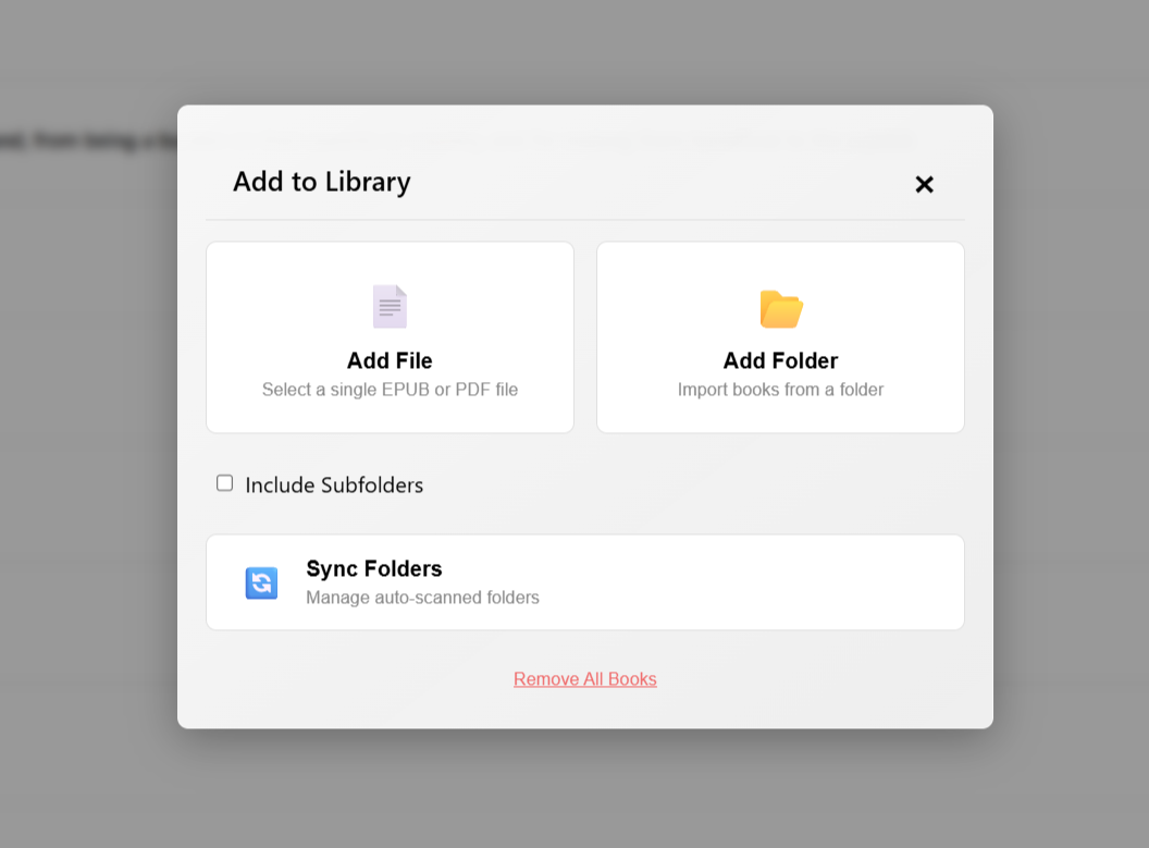 Add to Library dialog with options to add a file, add a folder, include subfolders, and sync folders
