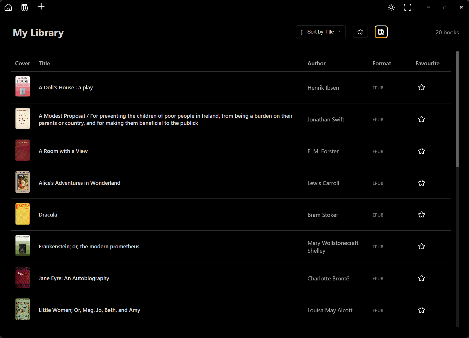 My Library view in dark mode showing book covers, titles, authors, and EPUB format
