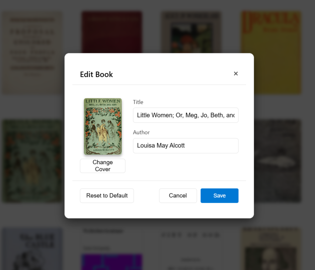 Edit Book dialog for updating a book title, author, and cover