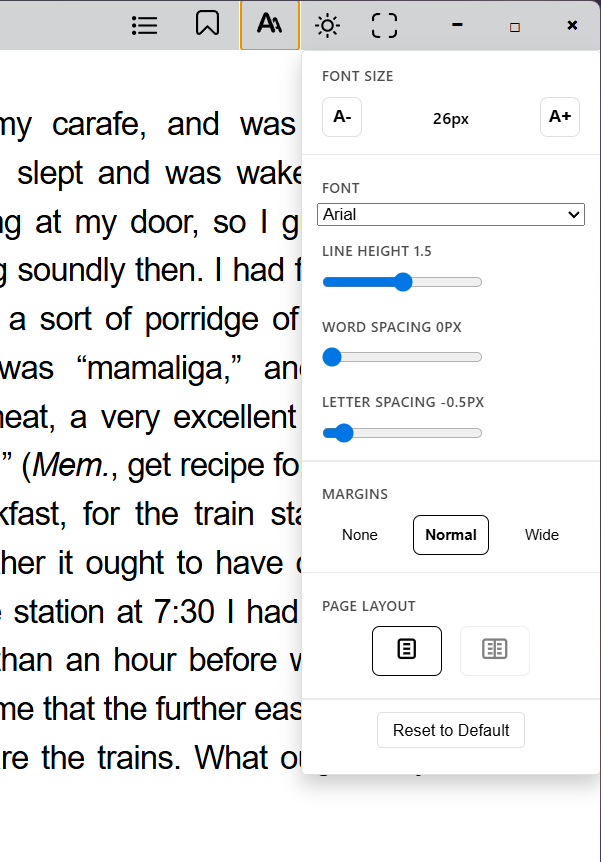 Reading view with styling panel open for font size, font family, spacing, and margins
